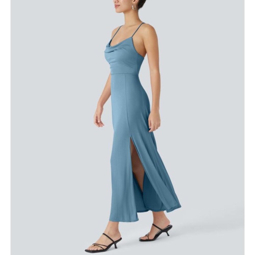 Halara Ribbed Cowl Neck Backless Crisscross Lace Up Party Dress Sz Medium Blue - Picture 2 of 9